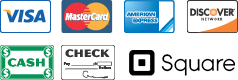 We Accept Visa, Mastercard, Discover, American Express, Cash, Checks, and Square